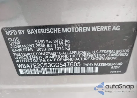 2016 BMW 740I из США, поврежденный, VIN WBA7E2C53GG547605